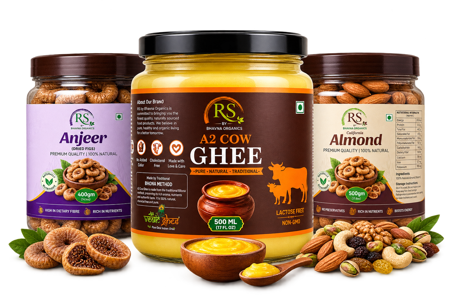 Premium RS by Bhavna Organics product arrangement featuring A2 Cow Ghee, Anjeer (Dried Figs), and California Almond jars with natural ingredient elements, isolated on a transparent background for e-commerce use.